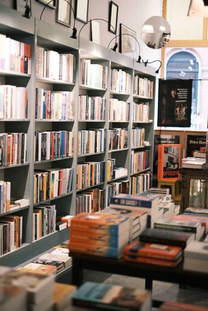 Inviting bookstore with shelves full of books, creating a cozy and literary atmosphere.